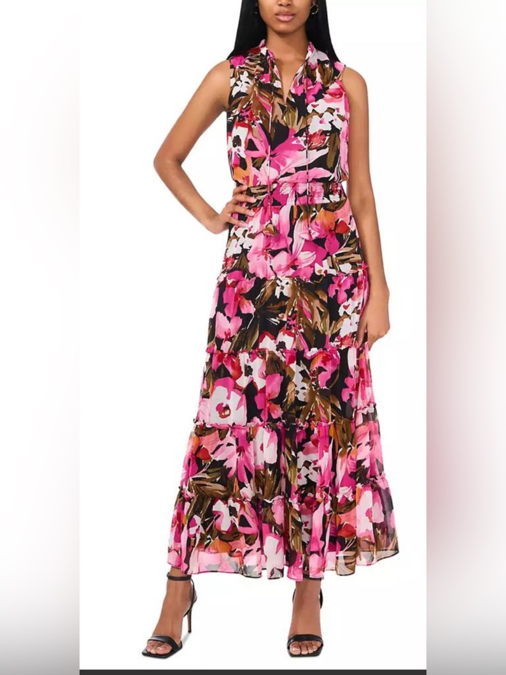 MSK Black & yellow Floral Tiered Maxi Dress. NWT